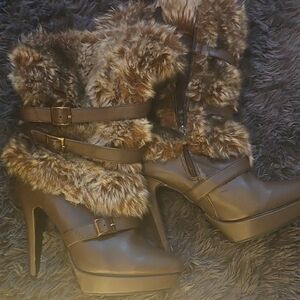 JustFab Brown Heeled Boots with Faux Fur Trim